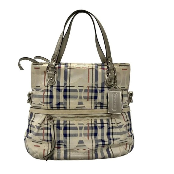 Auth COACH Poppy Tartan Foldover Signature 21139 White Blue Red Jacquard Leather - Picture 1 of 13
